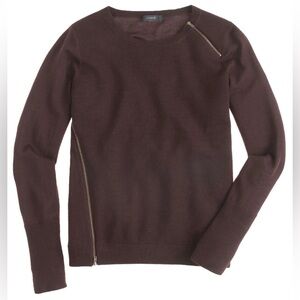 J. Crew Merino Wool Dark Brown Crewneck Sweater with Diagonal Zip Details